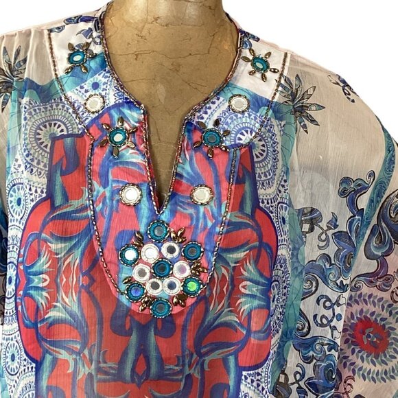 Colorful Sheer Poncho Kimono Kaftan Beach Cover-up Top Sz L by Kristals #253H - Picture 2 of 7